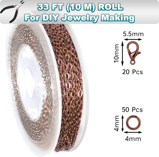 Jishi 33ft Link Cable Chain Roll 2mm, Red Copper Chain for Jewelry Making Necklace Earring Bracelet DIY Craft Jewelry Making Findings Supplies, Copper Plated Iron Metal Rolo Necklace Chain Spool Set