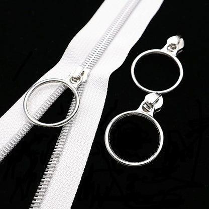 Leekayer #5 Silver Metallic Nylon Coil Zippers by The Yard Bulk 10 Yards White Zipper Tape with 25pcs Silver Ring Pull Sliders for DIY Sewing Tailor Craft Bag(White)