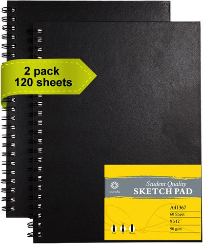 conda 9"x12" Sketch Book Set, 2 Pack, 120 Sheets, Spiral Bound Marker Pad, Durable Acid Free Sketchbook Mixed Media for Beginner Kids Adults Artists - Crafty Corner