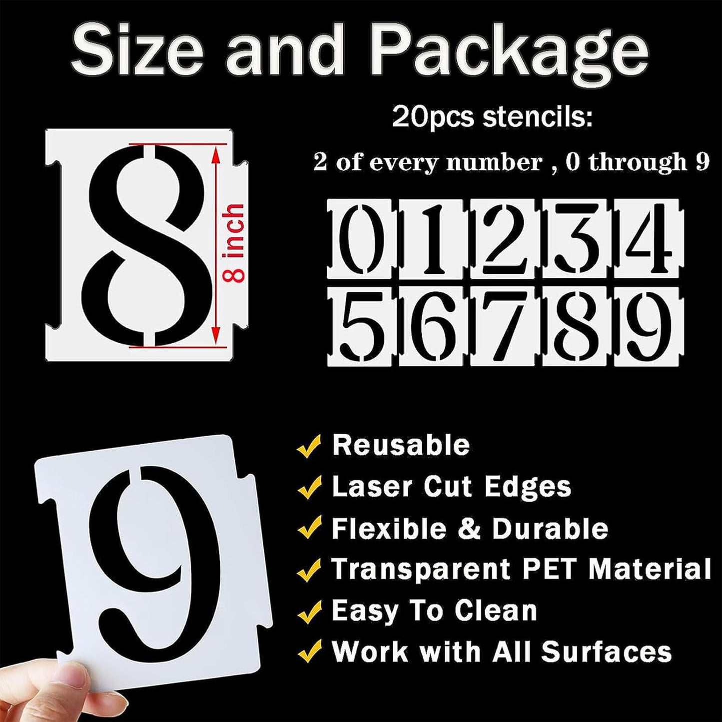 YEAJON 8 Inch Curb Stencil Kit 0-9 Address Number Stencils, 20Pcs Reusable 14 Mil Mylar Plastic Templates for Painting on Road, Wall, Wood, Mailbox