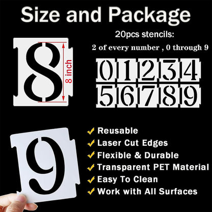 YEAJON 8 Inch Curb Stencil Kit 0-9 Address Number Stencils, 20Pcs Reusable 14 Mil Mylar Plastic Templates for Painting on Road, Wall, Wood, Mailbox