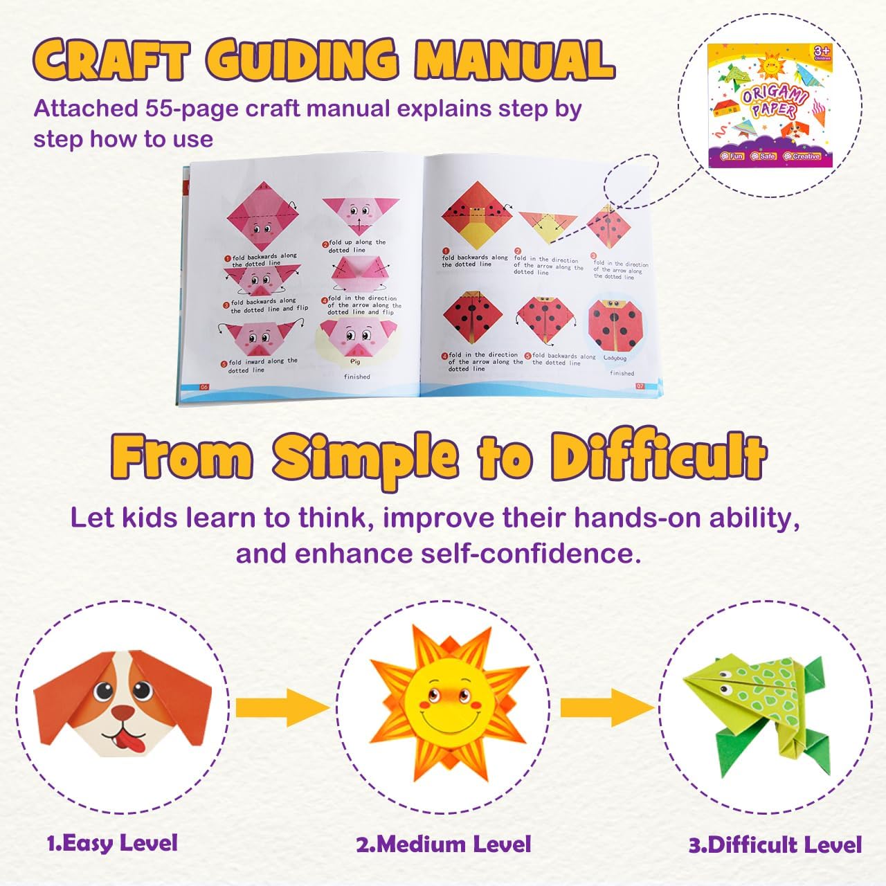 Pigipigi Kids Craft Origami Paper Kit for Kids Ages 5-8 8-12, with Guiding Book, 208 Sheets DIY Art and Crafts Supplies, Colorful Folding Papers Set Projects Gifts Activity for Boy Girl Toys(Cartoon) - Crafty Corner