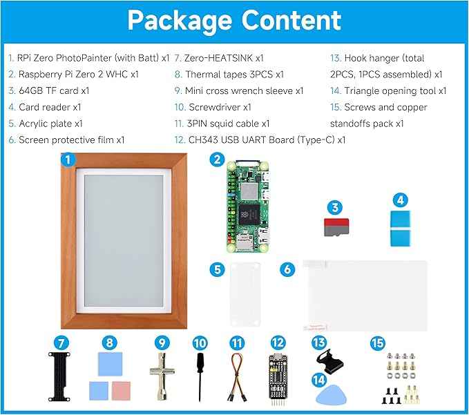 7.3inch E6 Full Color E-Paper with Solid Wood Photo Frame, 800×480 Resolution, Compatible with Raspberry Pi Zero, Ultra-Long Standby, Bundle with Pi Zero 2 WHC, with Batt.