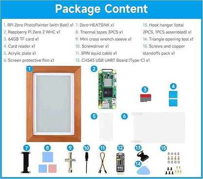 7.3inch E6 Full Color E-Paper with Solid Wood Photo Frame, 800×480 Resolution, Compatible with Raspberry Pi Zero, Ultra-Long Standby, Bundle with Pi Zero 2 WHC, with Batt.