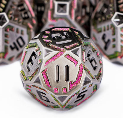 Metal DND Sci-fi Dice Set 7PCS Stripe Polyhedral Dice for Dungeons Dragons RPG Role Playing Game, Glitter D and D Dice with Gift Box D6 D8 D10 D12 D20 (Grey&Purple Red)