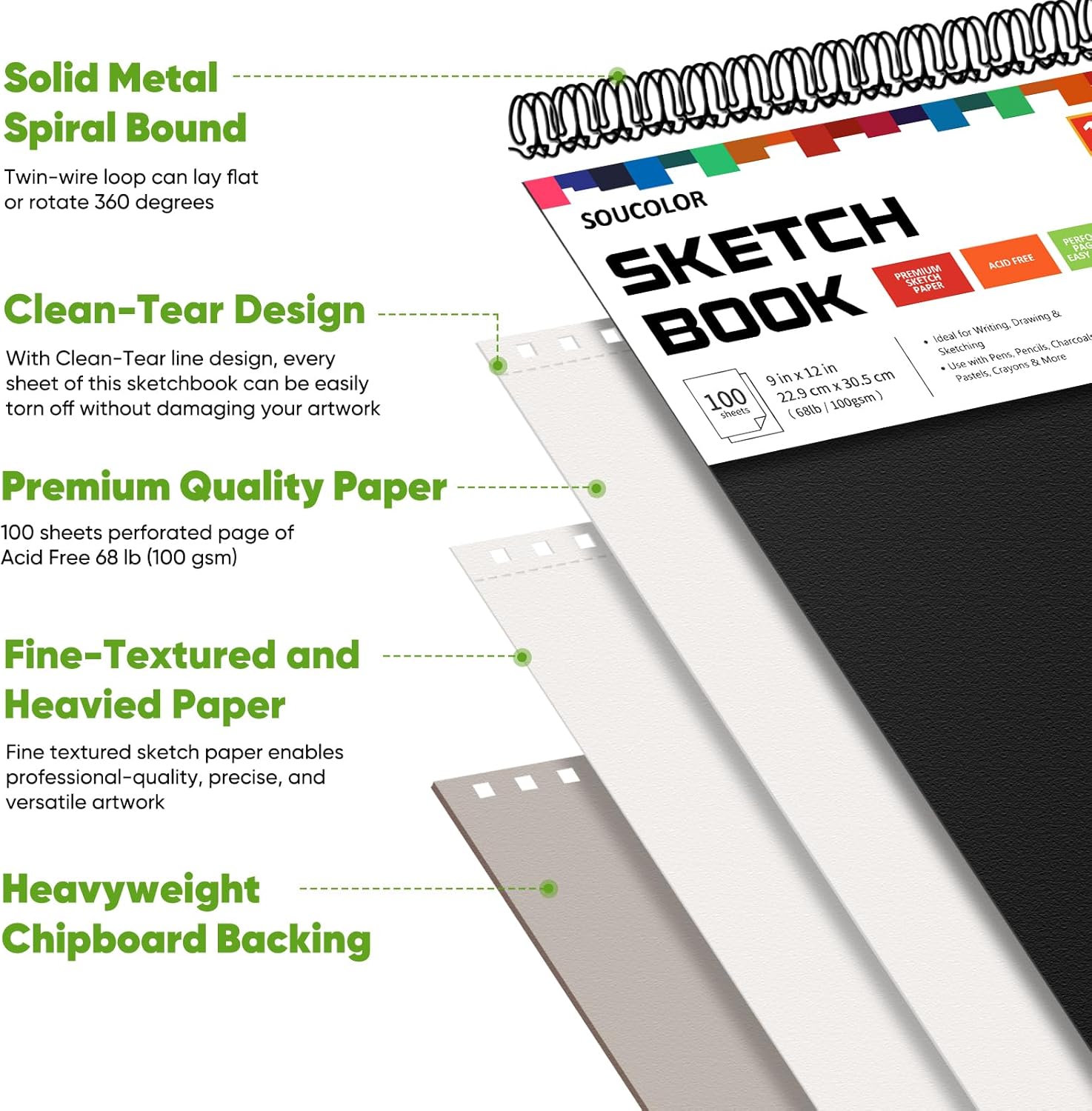 Soucolor 9" x 12" Sketch Book, 1-Pack 100 Sheets Spiral Bound Art Sketchbook, (68lb/100gsm) Acid Free Artist Drawing Book Paper Painting Drawing Writing Sketching Pad for Kids Adult Teens Girls Boys - Crafty Corner