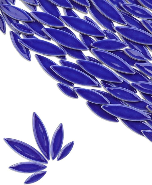 200g Ceramic Petals Bulk Mosaic Tiles for Craft, Small Oval Stepping Stone Kit, Glazed Porcelain Pieces for Coaster Tray House Number Mirror Lamp Home Decorations (Royal Blue)