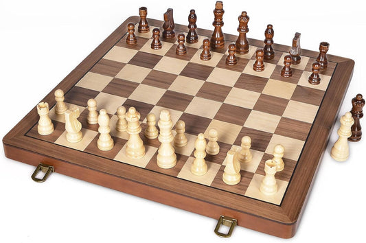 15" Wooden Chess Set with Magnetic Pieces - Extra Queens - Folding Chessboard Portable Travel Tournament Chess Board Games for Adults Kids