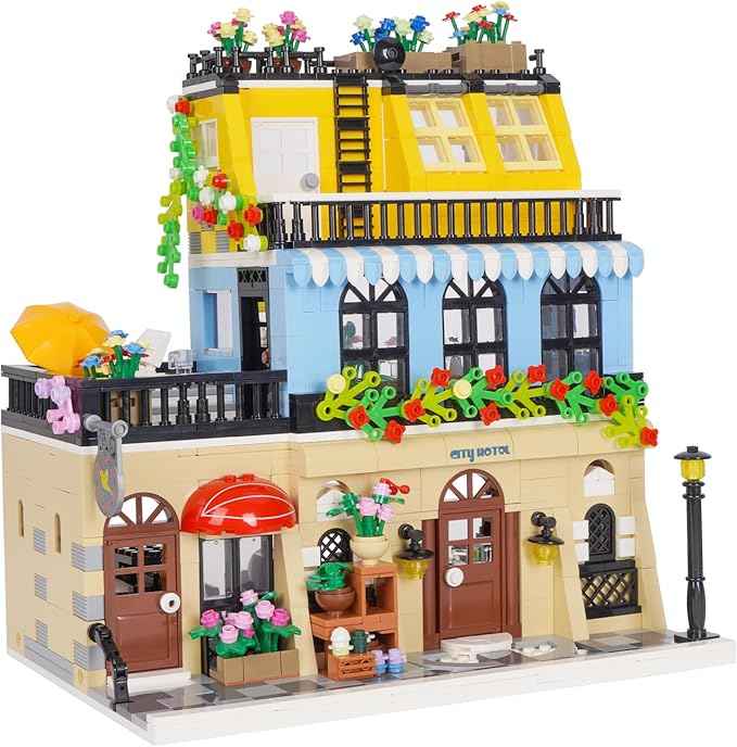 City Hotel Building Block Set, Modular Architecture Flowers City Street View House Model Building Kit 1464 PCS