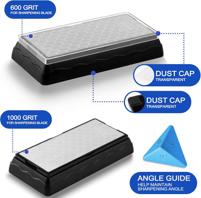 Double-sided Diamond Sharpening Stone,Knife Sharpening Stone with Extra Fine 1000/Coarse 600 Grit Diamond Plate, Storage Case with Non-Slip Base & Angle Guide(7 x 3.5 Inch)