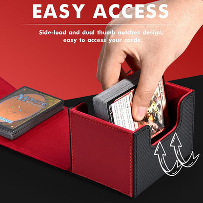 ZLCA Card Deck Box for Trading Cards, MTG Commander Deck Box Holds 120+ Single Sleeved, Leather Magnetic Card Storage Case Fits for TCG CCG Magic (Red& Black)