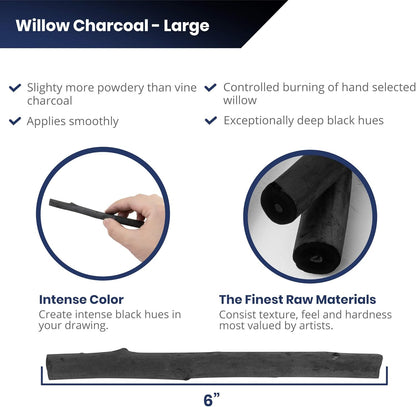 Pacific Arc Large Vine Charcoal Stick 5/Pkg, Soft, Black, Thick Willow Charcoal for Sketching and Drawing