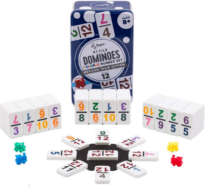 Regal Games Mexican Train Dominoes Set for Adults - Double 12 Dominoes with 91 Numbered Domino Tiles & 4 Trains - 2 or 4 Player Games & Ideal for Family Fun Game Night and Travel