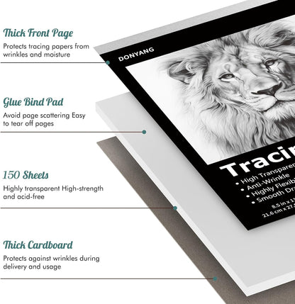 Tracing Paper 8.5x11 inch, 150 Sheets Transparent Vellum Paper for Tracing Pads, Translucent Tracing Paper for Pencil, Marker and Ink - Trace Images, Sketch, Preliminary Drawing, Overlays, Black