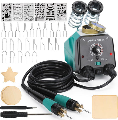 YIHUA 939-VI Dual Wood Burning Pen Wood Burning Kit with 23 Wire Nib in Varied Shapes, Detachable Pyrography Pen, 6 Wood Pieces, 6 Stencils and Screw Driver, Tweezers Used as Wood Burning Tool - Crafty Corner