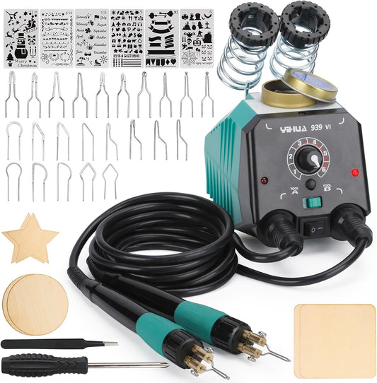 YIHUA 939-VI Dual Wood Burning Pen Wood Burning Kit with 23 Wire Nib in Varied Shapes, Detachable Pyrography Pen, 6 Wood Pieces, 6 Stencils and Screw Driver, Tweezers Used as Wood Burning Tool - Crafty Corner