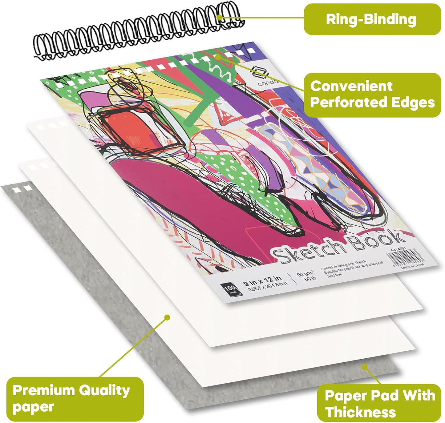 CONDA 9 x 12 Inch Sketchbook, Top Spiral Bound Sketch Pad, 100 Sheets (60 lb/90 GSM), Durable Acid-Free Sketch Paper, Drawing and Sketching Paper for Kids Adult Beginners - Crafty Corner