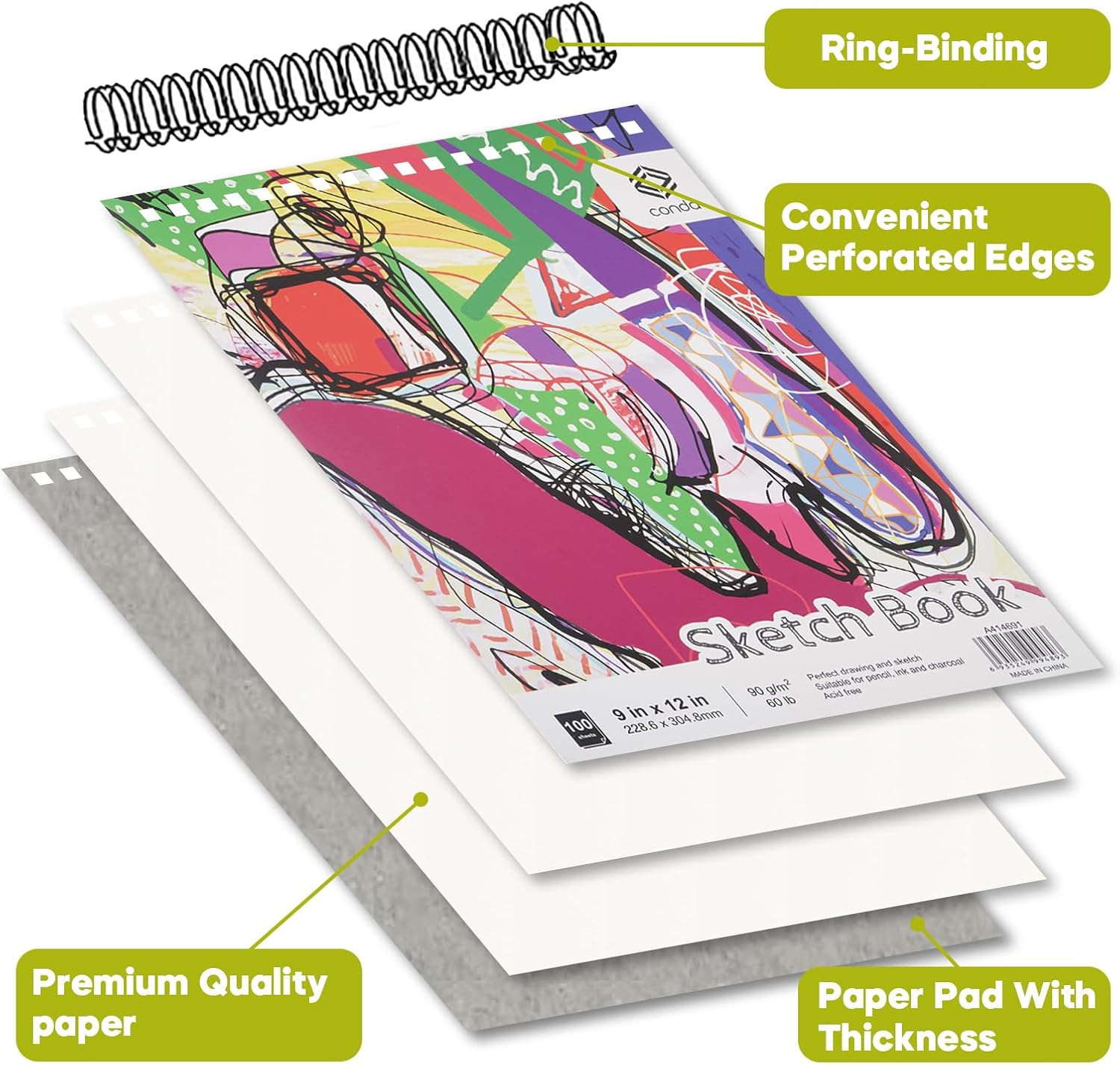 CONDA 9 x 12 Inch Sketchbook, Top Spiral Bound Sketch Pad, 100 Sheets (60 lb/90 GSM), Durable Acid-Free Sketch Paper, Drawing and Sketching Paper for Kids Adult Beginners - Crafty Corner