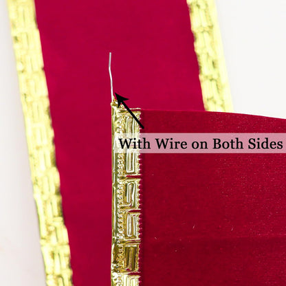 MEEDEE Burgundy Velvet 2.5 Inch Dark Red Christmas Ribbon 10 Yards Wired with Gold Greek Key Edge for Tree Decoration - Crafty Corner