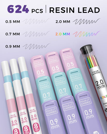Four Candies 36PCS Aesthetic School Supplies, Mechanical Pencil Set 0.5mm, 0.7mm, 0.9mm & 2.0mm with 624 Lead Refills, Back to School Supplies for Writing & Drawing, Ideal Stationary Set Gift (Blue)