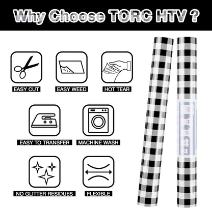 TORC Black White Buffalo Plaid HTV Vinyl 12 inch x 10 ft, Check Heat Transfer Vinyl Iron on Transfers