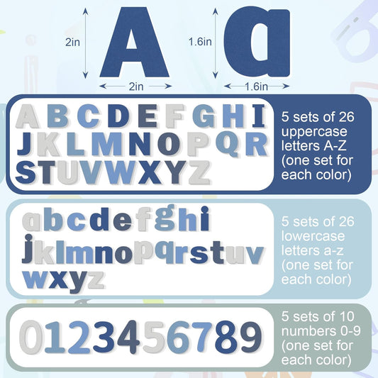Breling 310 Pieces Felt Bulletin Board Letters Sticker with Number, 2" Bulk Self Adhesive ABC Upper Lowercase Sticky Letter for Christmas Gift Poster Bulletin Board Classroom(Blue Color)