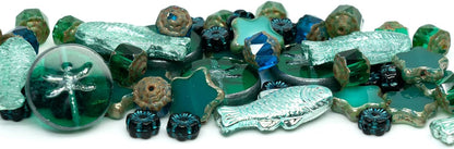 2.1oz (60g) of Glass Focal Bead Mix with Flowers, Table-Cut and fire Polish Czech Beads, PG Green