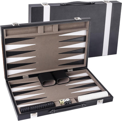 GSE Games & Sports Expert Premium Leather Backgammon Board Game Set, Classic Backgammon Game Set with Leather Case, Travel Folding Board Game (Black&Grey, Large)