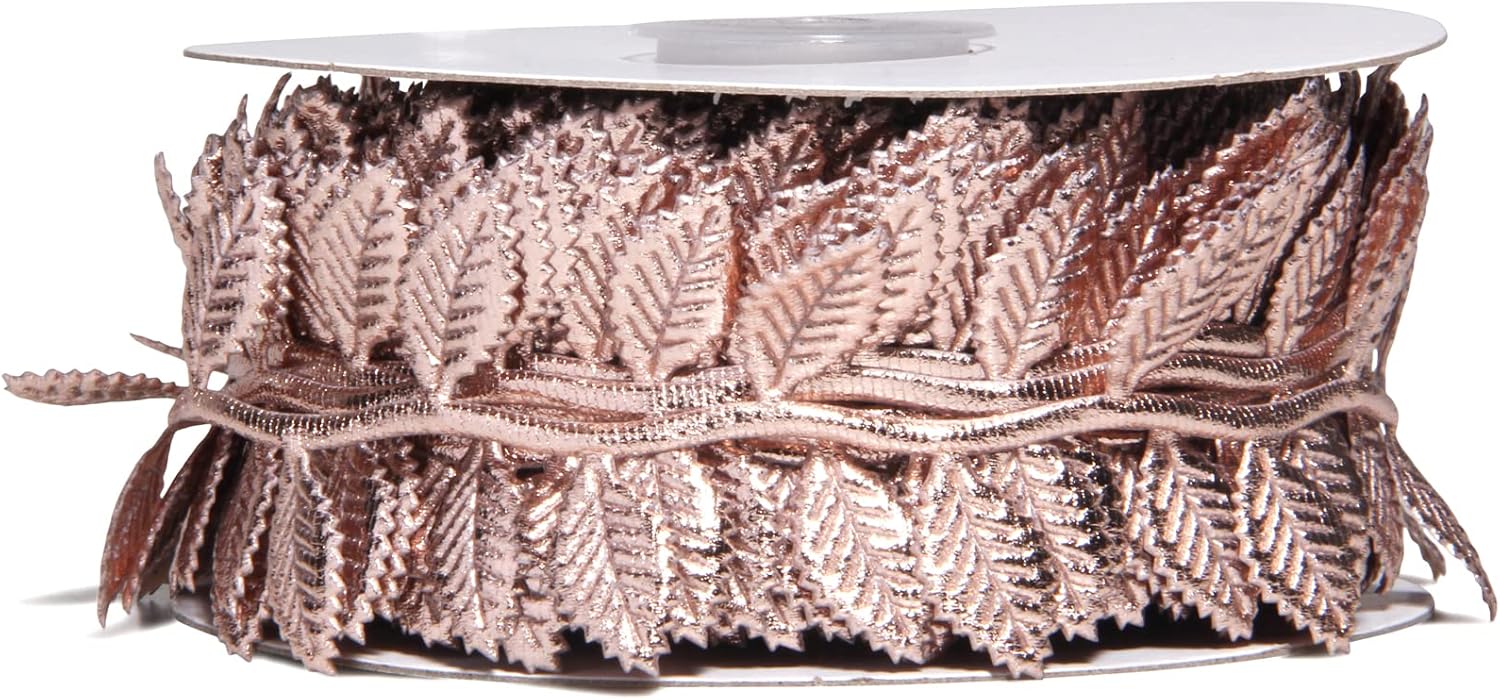 BASOKAN Rose Gold Leaves Ribbon for Wedding Party Home Decorations - 20 Yards - Leaf Trim Rope for Garland and DIY Crafts - Crafty Corner