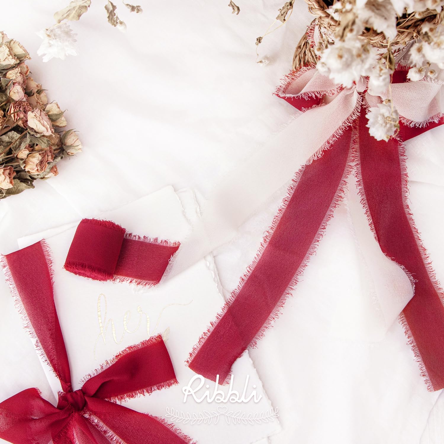 Ribbli Dark Red Chiffon Ribbon 1-1/2 inch x 20 Yard Handmade Fringe Chiffon Silk Ribbon,Dark Red Ribbon for Wrapping, Wedding Invitations, Bridal Bouquets, Home Decor - Crafty Corner