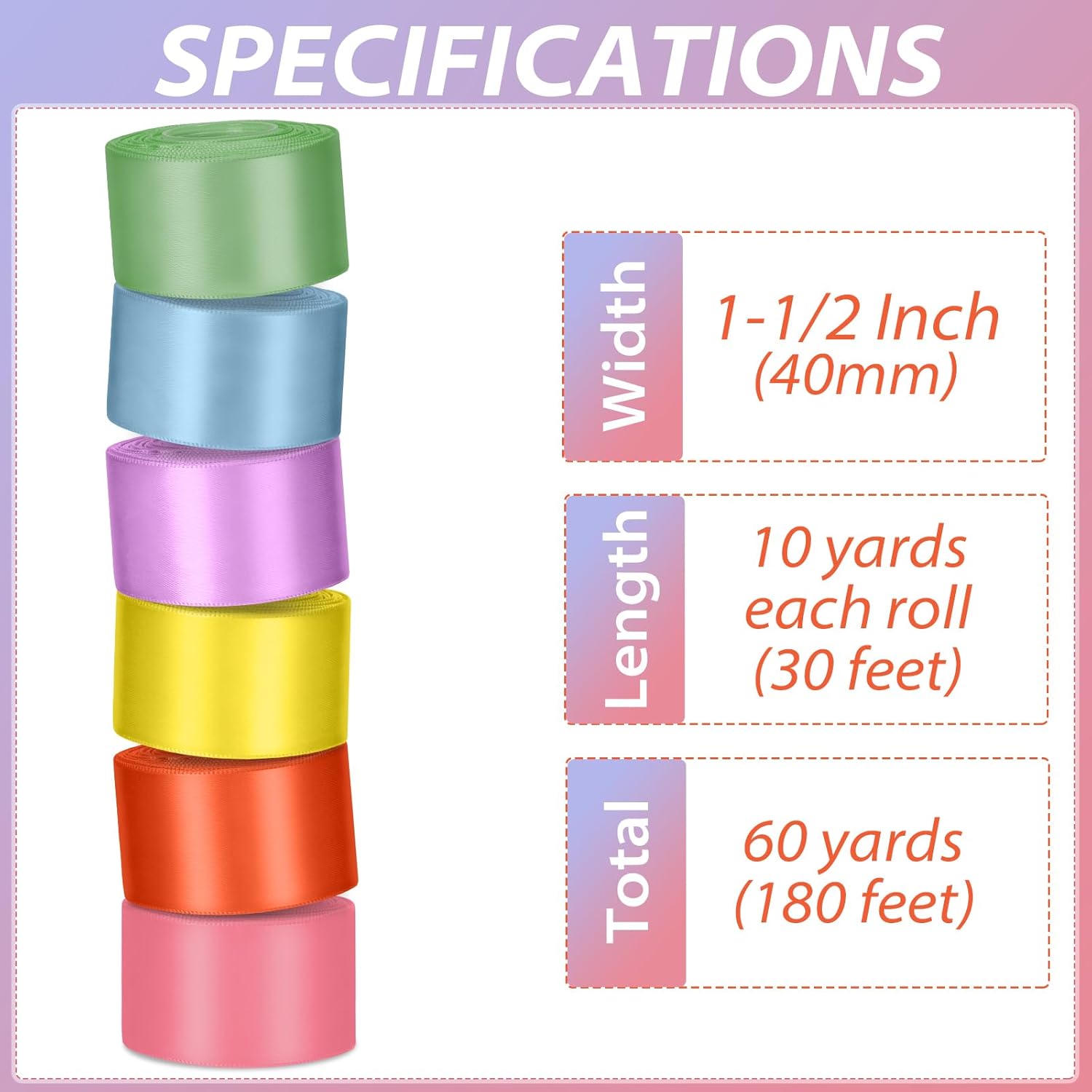 1-1/2 Inch Rainbow Satin Ribbons for Crafts, 6 Rolls Single-Faced Rainbow Assorted Ribbons for Gift Wrapping Flower Bouquet Wedding Invitations Bridal Shower Hair Bow Garland Party Decor - Crafty Corner
