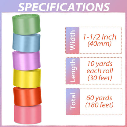 1-1/2 Inch Rainbow Satin Ribbons for Crafts, 6 Rolls Single-Faced Rainbow Assorted Ribbons for Gift Wrapping Flower Bouquet Wedding Invitations Bridal Shower Hair Bow Garland Party Decor - Crafty Corner