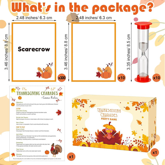 Yexiya Thanksgiving Charades Game for Family Party - 310 Cards with 1 Min Sand Timer & Blank Cards Turkey Day Family Game for Adults Groups