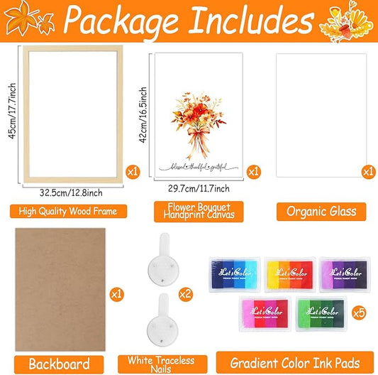 Fall Thanksgiving Flower Bouquet Handprint Art Craft DIY Kit Thanksgiving Day DIY Gifts Fall Thankful Family Handprint Art Keepsake with Wood Frame for Mom Dad Friend Holiday Birthday 12x16 Inch