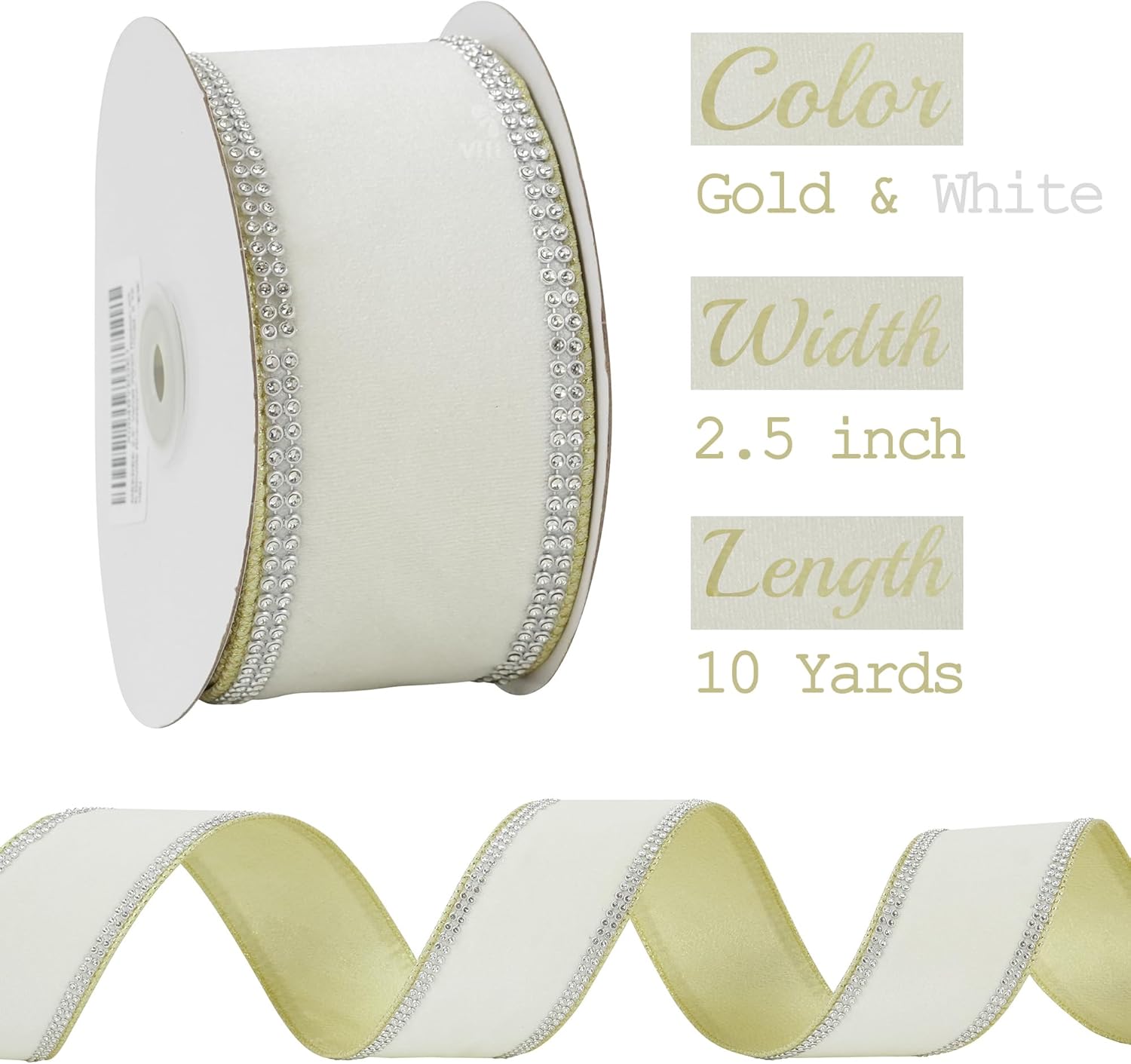MEEDEE Gold & White Velvet with Rhinstone Edge Wired Ribbon 2.5 Inch Luxury Jeweled Ribbon 5 Yards Sparkling Rhinestone Trim for Christmas Tree, Garland, Wreaths, Holiday Home Decor, Wedding Decor - Crafty Corner