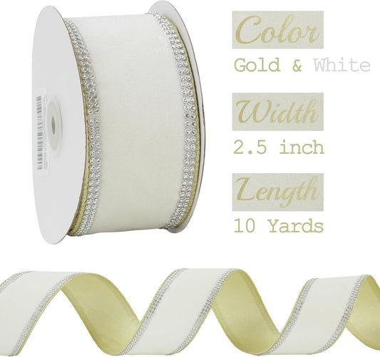 MEEDEE Gold & White Velvet with Rhinstone Edge Wired Ribbon 2.5 Inch Luxury Jeweled Ribbon 5 Yards Sparkling Rhinestone Trim for Christmas Tree, Garland, Wreaths, Holiday Home Decor, Wedding Decor - Crafty Corner