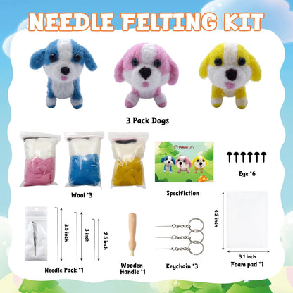 Needle Felting Kit, 3 Pcs Dog Wool Needle Felting Kit for Beginners & Adult, Animal Doll Making Set with Video Instruction, Craft Party Supplies, Tools & Foam Pad, DIY Home Decor, Birthday Gift