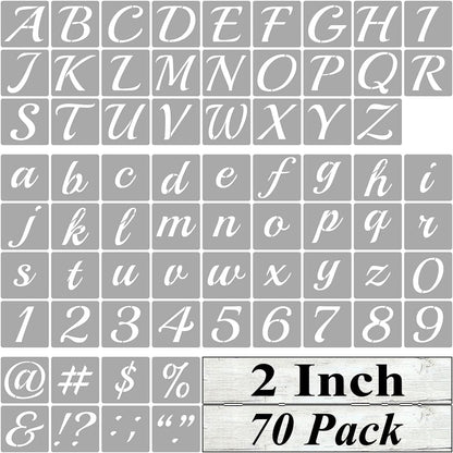 2 Inch Alphabet Letter Stencils for Painting - 70 Pack Letter and Number Stencil Templates with Signs for Painting on Wood, Reusable Cursive Letters Stencils for Chalkboard Wood Signs & Wall Art