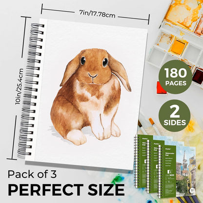 Funto Watercolor Pad 10x7, 3-Pack, 90 Sheets, 140 lb/300 GSM, Double-Sided, Cold Press, Spiral Bound, Heavyweight Paper for Watercolor Painting - Crafty Corner