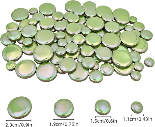 200g Iridescent Round Mosaic Tiles for Crafts Bulk, 11mm-23mm 4 Size Circular Mosaic Ceramic Pieces for Vases, Garden Decor, DIY Mosaic Making (Green)