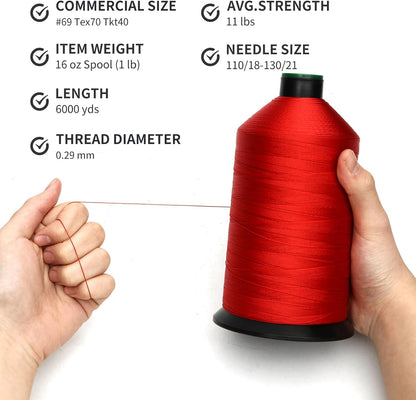Extra Strong Bonded Nylon Thread #69 Tex70 – 16 OZ, 6000yds, Versatile Stitching Solution for Leather, Upholstery, Canvas Repair and More (Red)