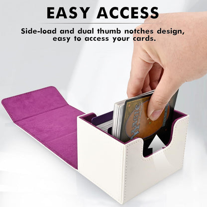 ZLCA Card Deck Box for Trading Cards, MTG Commander Deck Box Holds 120+ Single Sleeved, Leather Magnetic Card Storage Case Fits for TCG CCG Magic(White& Purple)