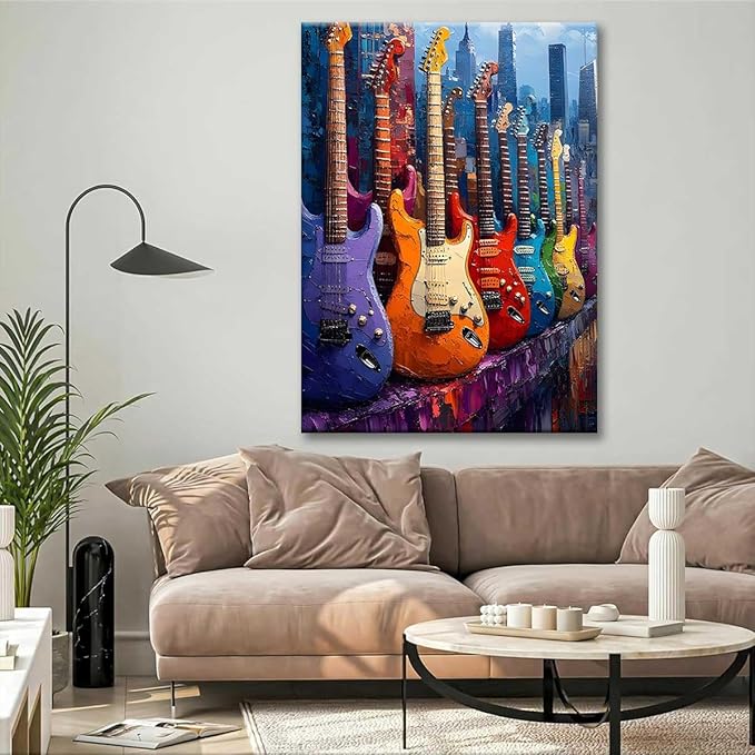 Paint by Numbers Kit for Adults Framed, Colorful Electric Guitars with City Skyline, DIY Oil Painting, Pre-Printed Canvas Wall Art Home Decor Gift, 20x24inch Framed, 24 Colors