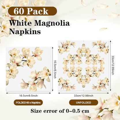 60 Pcs White Magnolia Floral Cocktail Paper Napkins 6.5 x 6.5 Inches Disposable Paper Napkins Dessert Beverage Tissue for Decoupage Luncheon Tissue for Theme Party Wedding Birthday Party