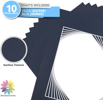 Mat Board Center, Pack of 10, 11x14 for 8x10 Dignity Blue Color Mats - Bevel Cut, Acid Free, 4-ply Thickness, White Core - for Pictures, Photos, Framing