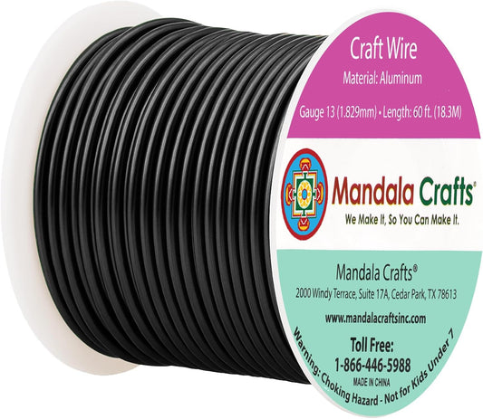 Mandala Crafts 13 Gauge Anodized Aluminum Craft Wire for Jewelry Making - 60 FT Colored Flexible Black Wire - Bendable for Bonsai Armature Crafting Sculpting - Crafty Corner