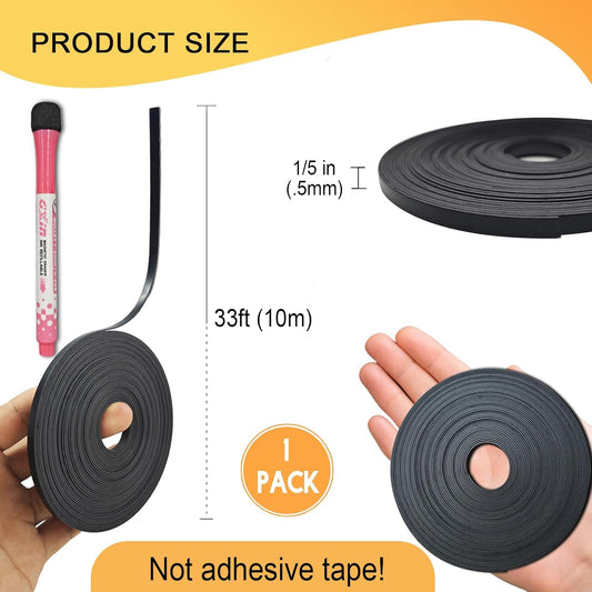 Magnetic Tape Roll Thin Strip, 1/5 Inch x 33 Feet Magnet Tape Line for Classroom Office, Magnetic Boarders for Witeboard (Black)