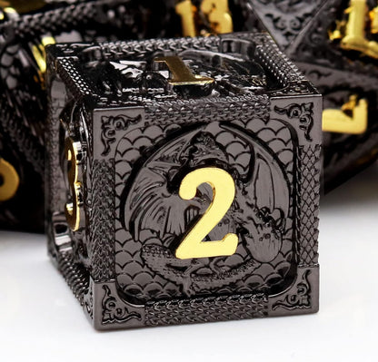 Haxtec Metal DND Dice Set Black Gold Metal D&D Dice with Fire-Breathing Dragon Elements & Leather Dice Bag Polyhedral Dice Compatible with Dungeons and Dragons TTRPG Gifts