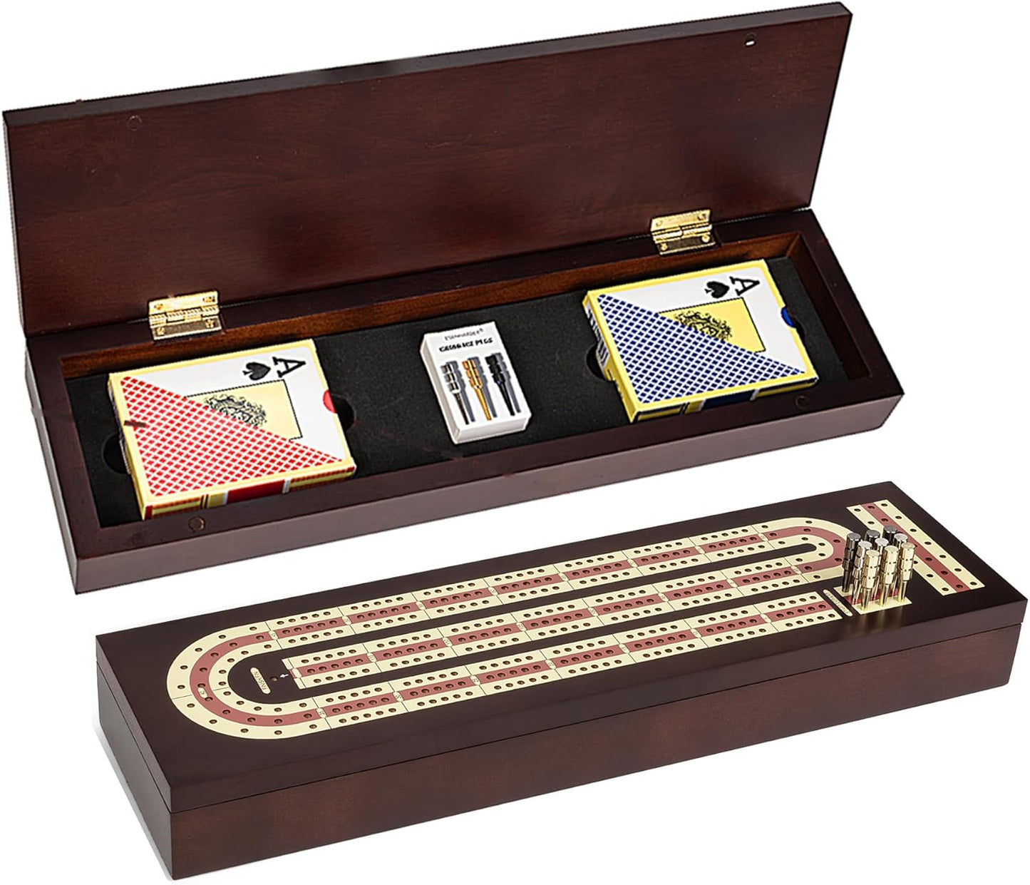 Cribbage Board Game Set, Premium Wooden Board with Magnetic Lock and Metal Pegs, 2 Playing Cards, and Large Storage - Travel-Friendly Continuous 3 Track Board