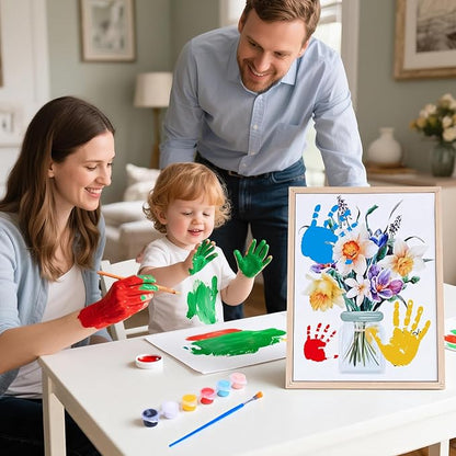 Flower Bouquet Handprint Art Craft DIY Kit, Unique Gifts for Mom & Grandma From Daughter or Son for Mother's Day Birthday, Anniversary Day, 6 Colors Non-toxic Inkpads(12" X 16", With Wood Frame)